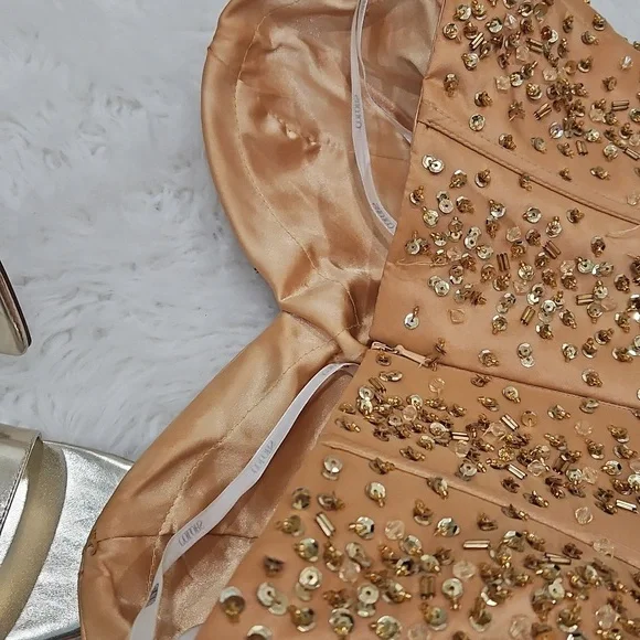 Bundle-Gold Strapless Party Dress with Scarf & Heels - Picture 11 of 14